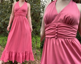 1970s Barbiecore Rosy Pink Halter Prom Dress by Mikey Jrs of California