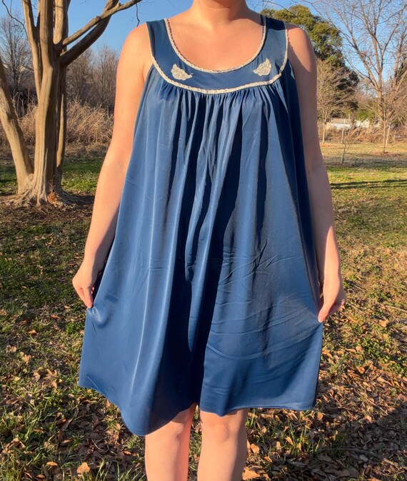 1970s Navy Blue Nylon Nightgown by Lorraine | Size Large