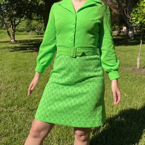 1970s Lime Green Geometric Dress | 70s Hippie Dress with Collar