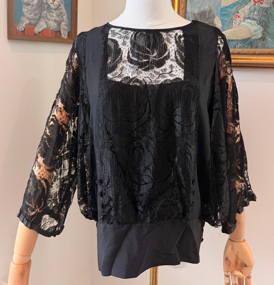 Antique 1920s Black Silk and Lace Blouse, photo 1 sur 5