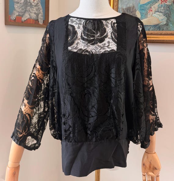 Antique 1920s Black Silk and Lace Blouse