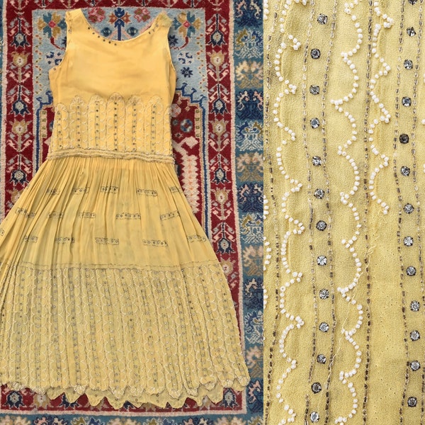 Antique 1920s Beaded Yellow Flapper Dress - As Is Condition for Display, Study, Repair, Etc.