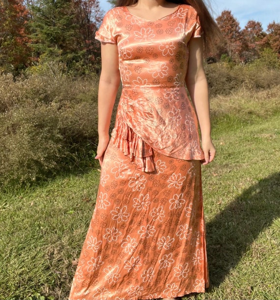 Y2k Does 1940s Pink Satin Floral Peplum Maxi Dress