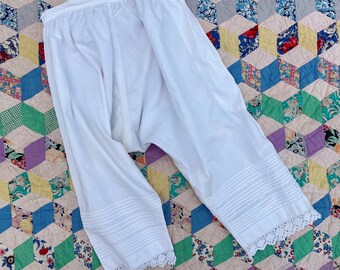 Antique Edwardian Pantaloons | 27" Waist | 1900s White Cotton Bloomers