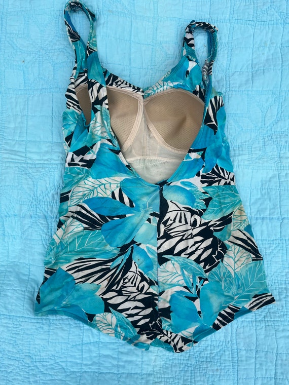 1980s Blue Leaf Print One Piece by Roxanne Bra Si… - image 2