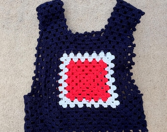 1970s Handmade Crochet Tank Top Vest | Granny Square Sweater in Blue and Red