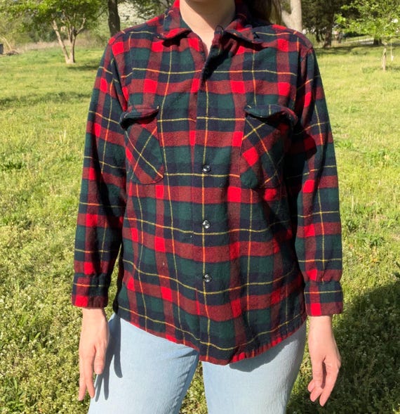 トップス VINTAGE 60'S PENDLETON PLAID WOOL SHIRT 1960s Pendleton Green Plaid Wool Button Down Long Sleeve Shirt - Etsy