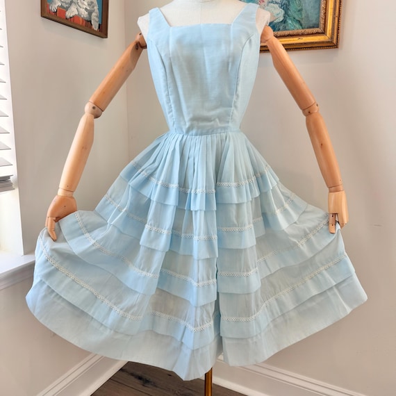 1950s Light Blue Party Dress with Tiered Skirt