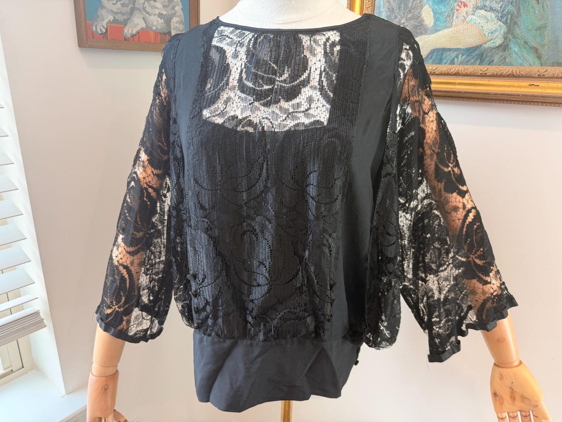 Antique 1920s Black Silk and Lace Blouse, photo 3 sur 5