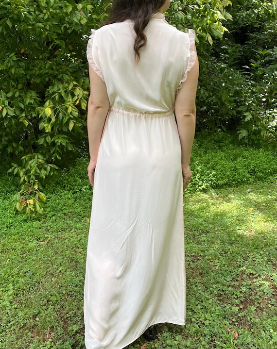 ODETTE BARSA vintage 1940s nightgown slip dress, Sheer pale pink with white lace full sweep Old Hollywood gown