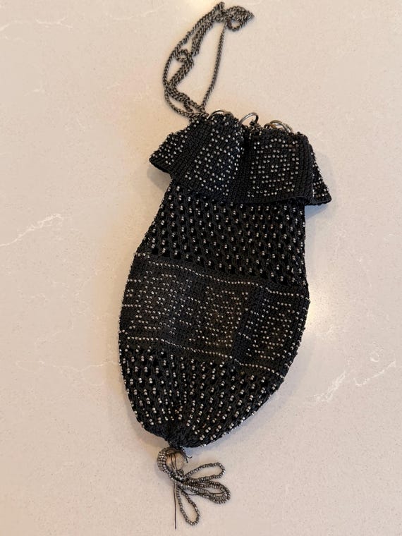 Netted Reticule Antique Edwardian Beaded Reticule in Black and Silver - Gem