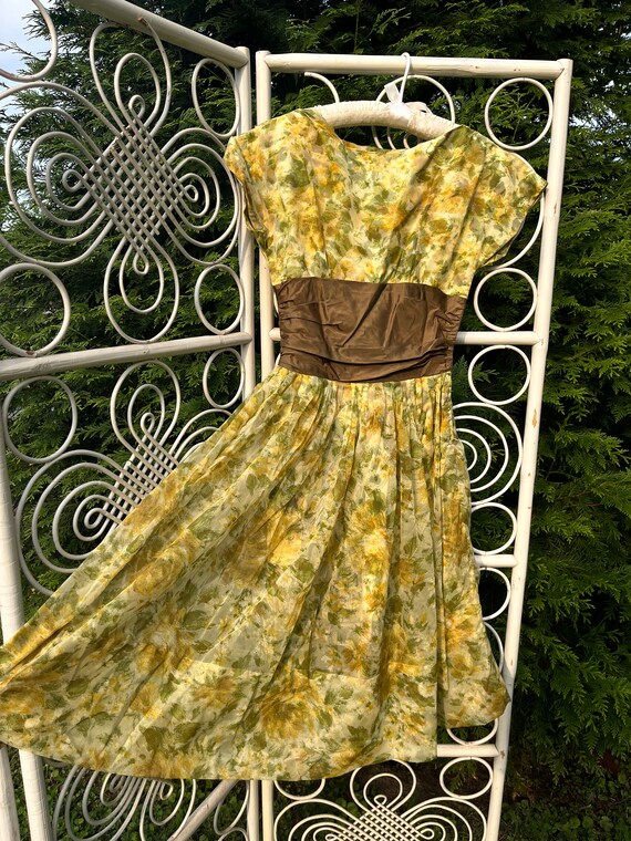 1950s Green Watercolor Floral Print Dress by Leslie Fay | XS/S