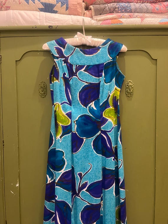 1960s Blue Floral Hawaiian Dress by Isoshima’s  Hale Aloha, Honolulu, Hawaii