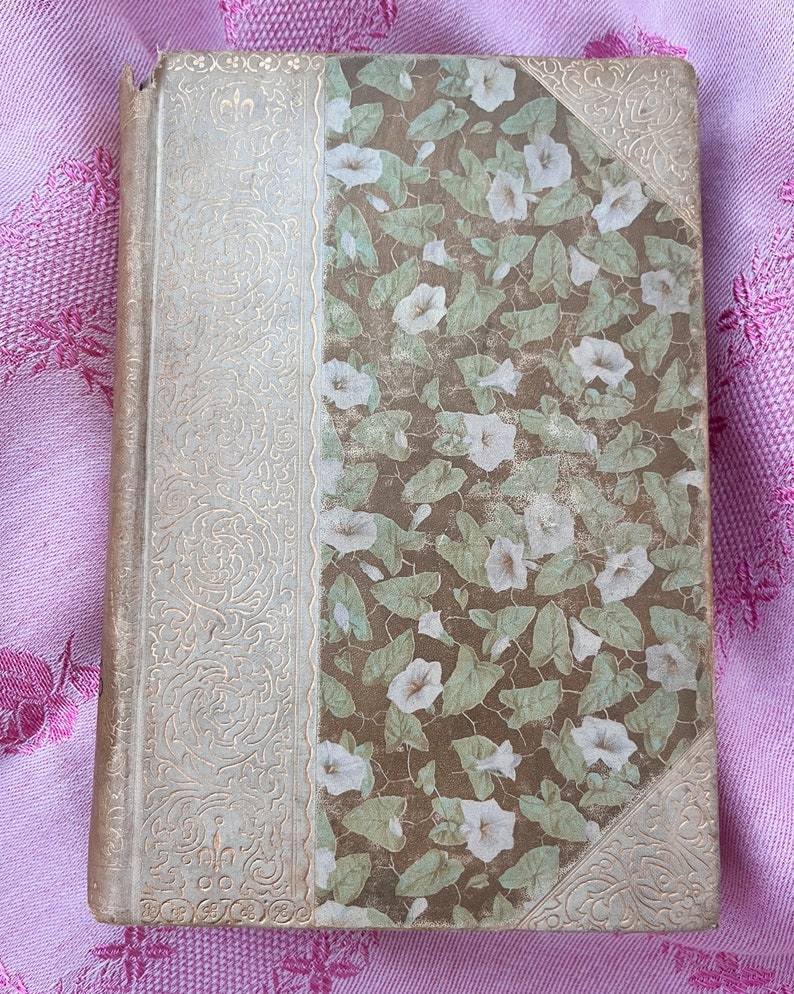 May include: An antique book with a floral design. The spine and corners are a light cream color with gold filigree. The cover features a brown background with a pattern of white flowers and green leaves. The book is closed and appears to be in good condition.