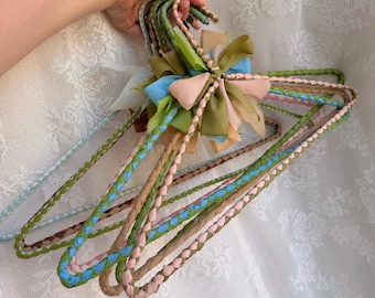 Set of Eight Vintage 1960s Ribbon Covered Hangers | Decorative Handmade Clothing Hangers for Closet Decor