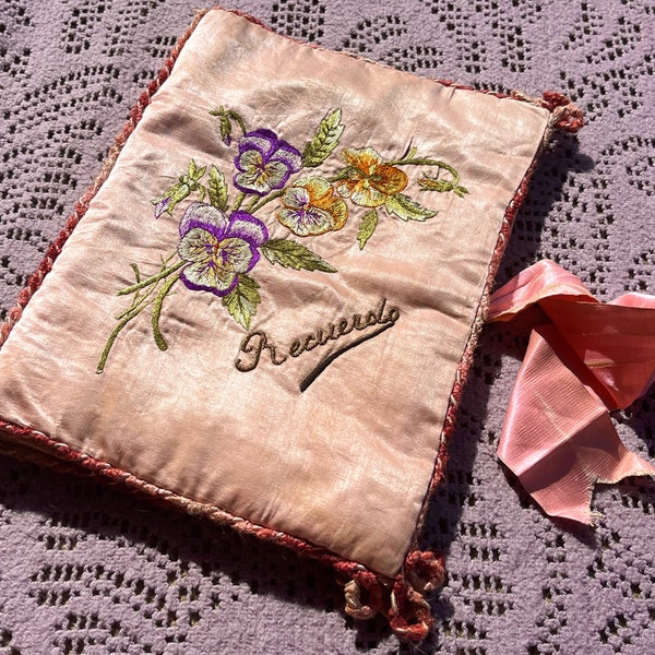 Antique Edwardian Silk Lingerie Pochette | Spanish “Recuerdo” Boudoir Case with Embroidered Pansies