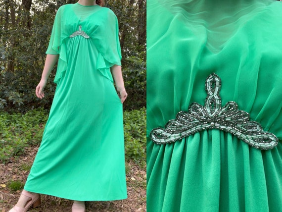 1970s Prom Dress or Formal Gown 70s Capelet Style Dress With