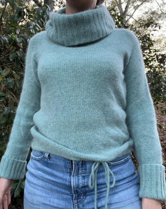 1980s 1990s Aquamarine Turtleneck Sweater with Dra
