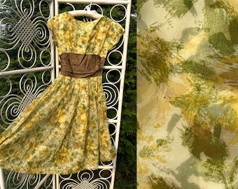 1950s Watercolor Floral Party Dress in Green and Yellow | 50s Prom or Formal Occasion