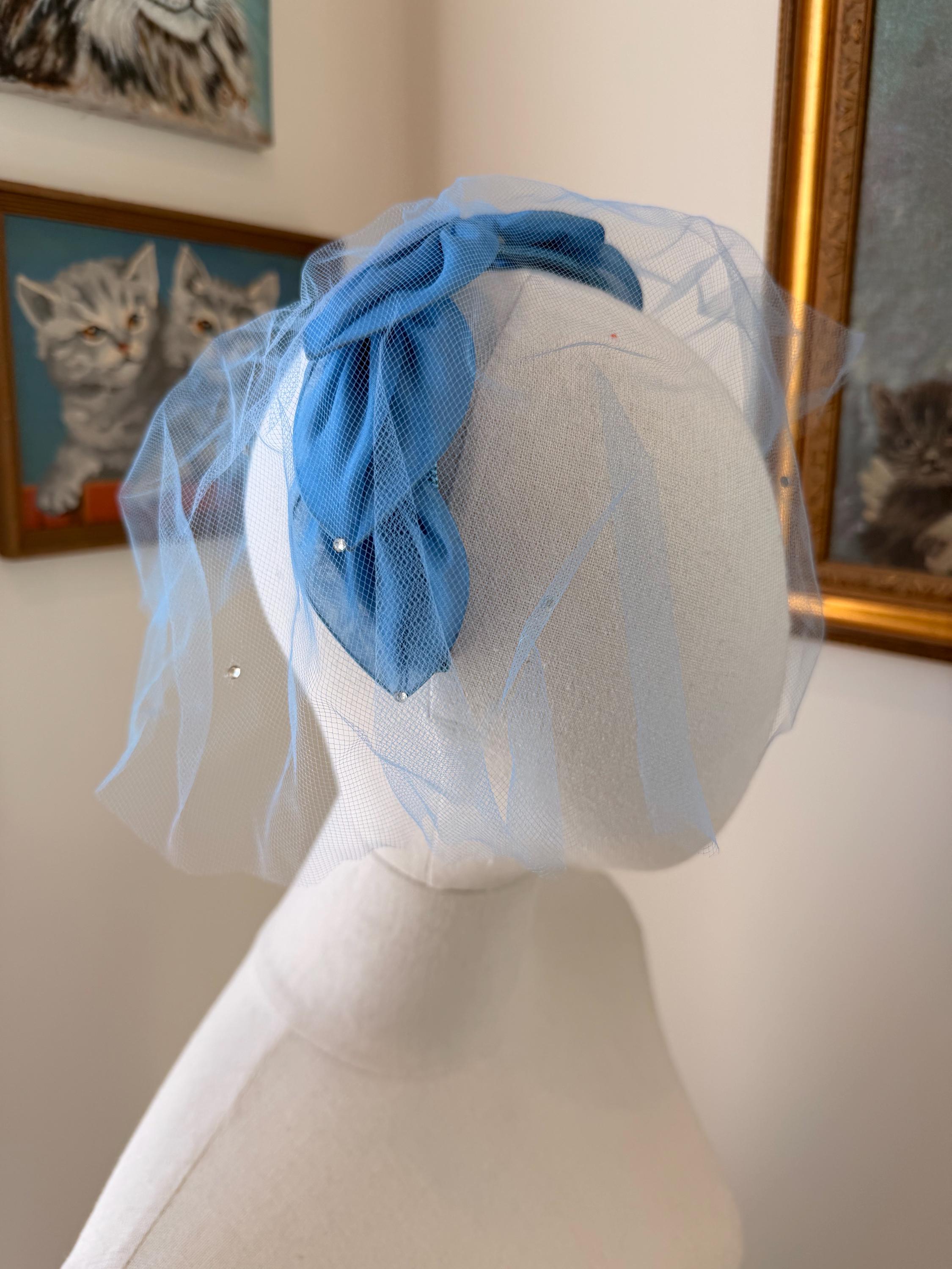 Vintage Navy Blue 40s Felt and Silk Hat with Elegant Mesh Veil and Bow Details BELLINDA - Navy Wedding Hat with Vintage Birdcage Veil and  main image 4