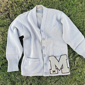 1950s Gray Varsity Letterman Cardigan Sweater with M Initial