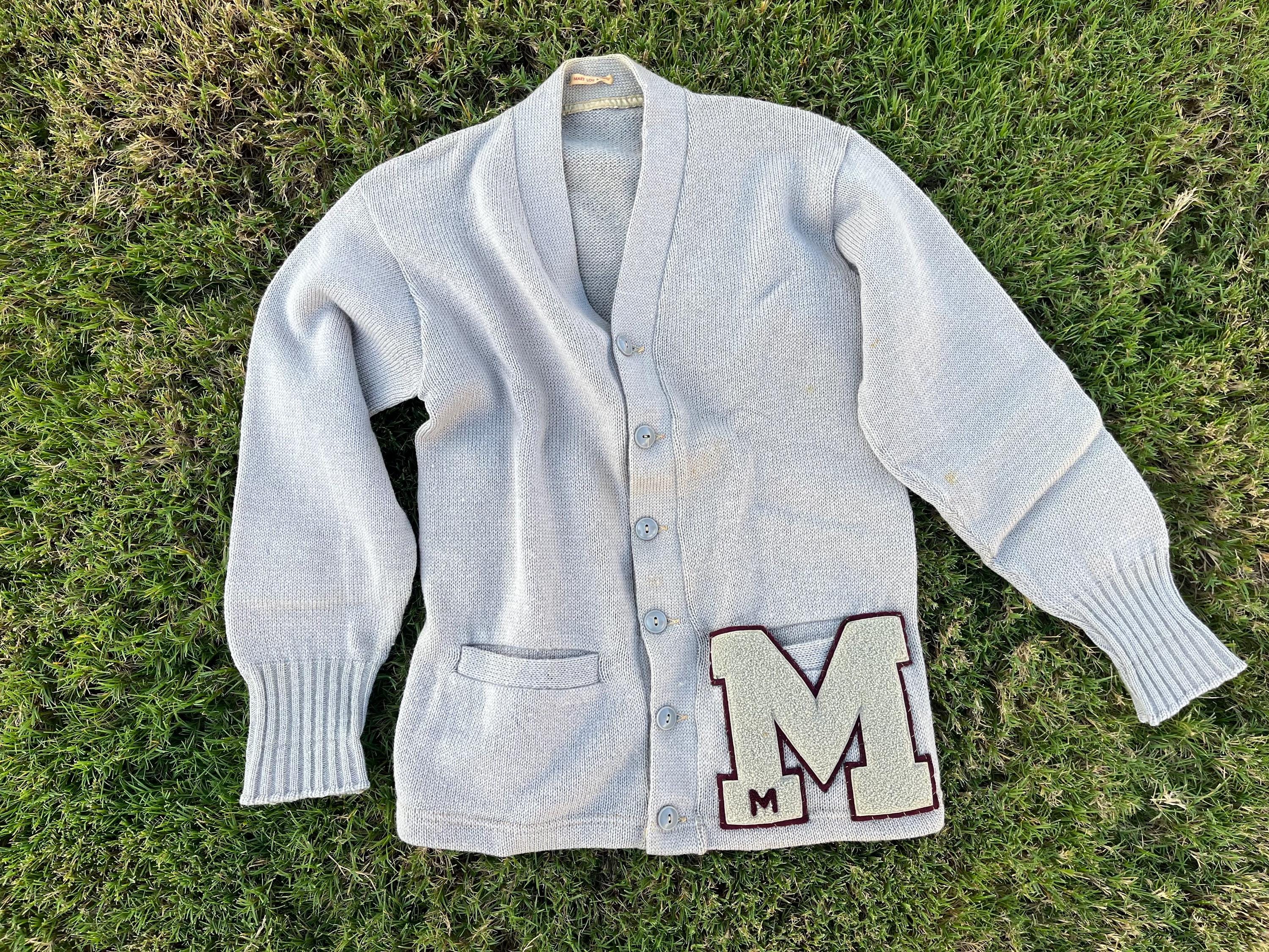1950s Gray Varsity Letterman Cardigan Sweater With M Initial