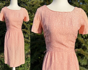 1950s Pink Cocktail Dress | Lacy 50s Dress with Bow Belt