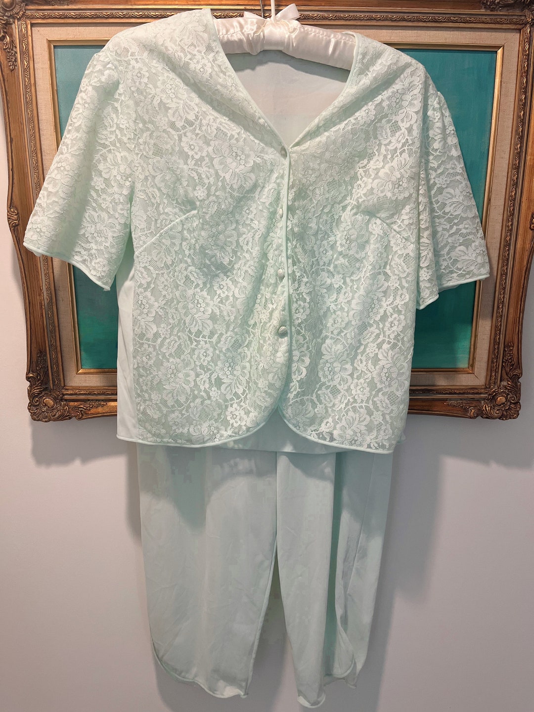 60’s Hot Pink Silky Embroidered Pajama Set by Vanity Fair