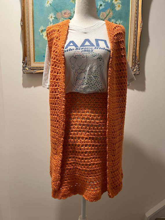 1970s Handmade Crochet Tangerine Orange Vest