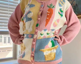 1990s Easter Novelty Sweater by Alexandra Bartlett | Hand Crafted Grannycore Cardigan | XL