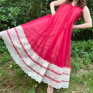 1960s Red Nightgown with Lace Trim by Miss Elaine and Intimé California