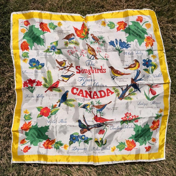 1960s Canada Souvenir Scarf | The Songbirds and Flower Emblems of Canada | Canadian Tourism