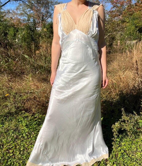 1940s vintage Silk Nightgown slip dress, Butter yellow bias cut embroidered lace slip dress main image 1