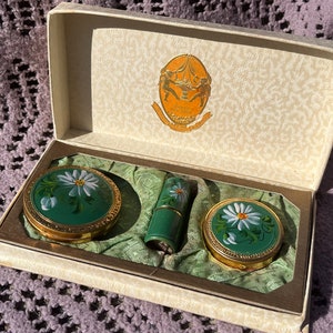 Antique 1920s Makeup Set by Reich-Ash / Deere | Powder, Rouge / Blush, and Lipstick | Hand Painted Boxed Set | Antique Compacts