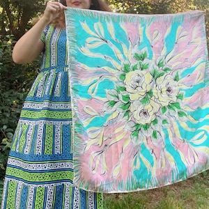 1950s Large Silk Scarf with Floral and Ribbon Design in Blue, Pink, and Yellow | 50s Shawl