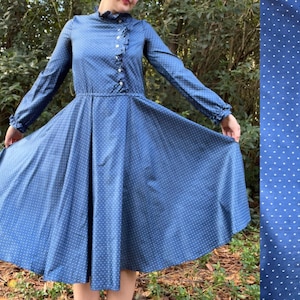 1970s Asymmetrical Navy and White Polka Dot Dress