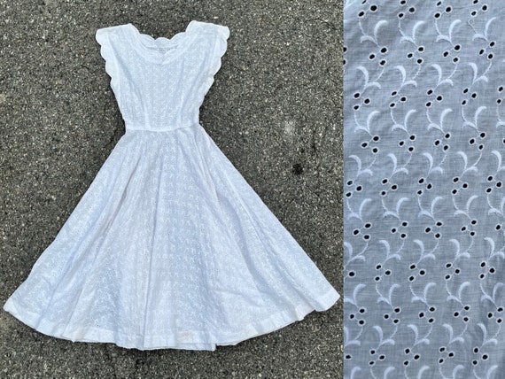 1950s White Eyelet Dress with Full Circle Skirt - image 1