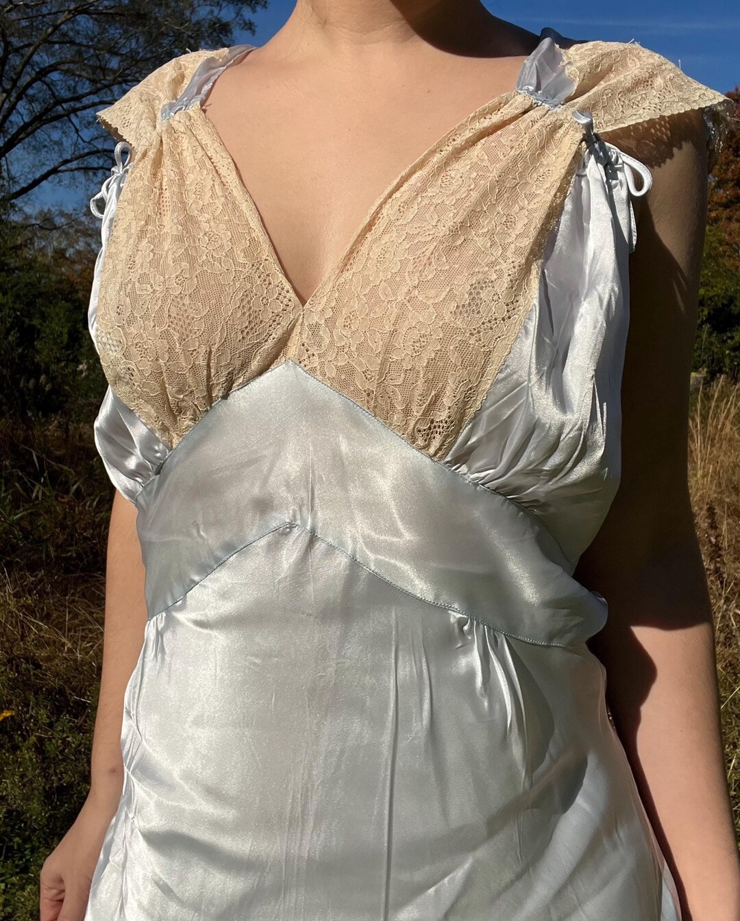 1940s vintage Silk Nightgown slip dress, Butter yellow bias cut embroidered lace slip dress main image 0