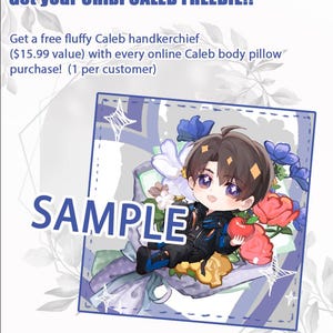 May include: A digital illustration of a chibi character holding an apple. The character has brown hair, blue eyes, and is wearing a blue and black jacket. The background is a light blue and purple gradient with flowers and stars.