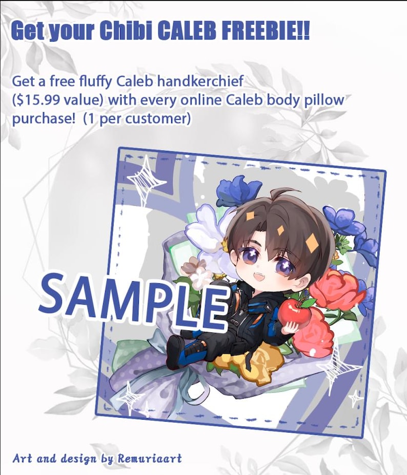 May include: A digital illustration of a chibi character holding an apple. The character has brown hair, blue eyes, and is wearing a blue and black jacket. The background is a light blue and purple gradient with flowers and stars.