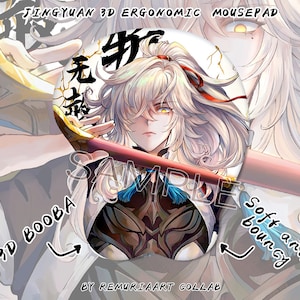 以下が含まれることがあります： 白い髪と金色の目をしたキャラクターが描かれた、白とグレーの3Dエルゴノミックマウスパッド。キャラクターは剣を持っており、服には日本語の文字が書かれている。マウスパッドには、下部に「3D Booba」と「柔らかく弾力性がある」という文字が書かれている。