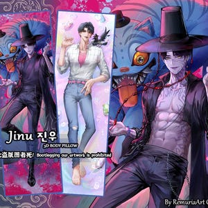 May include: Body pillow with anime-style illustrations of a male figure in different outfits. The pillow has a purple and blue background. Text on the pillow reads "Jinu" and "3D BODY PILLOW". Artwork by RemuriaArt Collab.