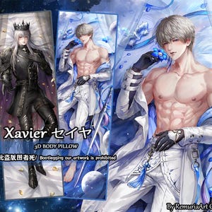 Puede incluir: Una almohada corporal 3D con dos ilustraciones distintas de estilo anime de un personaje llamado Xavier. Un lado muestra una figura con armadura negra y corona, mientras que el otro representa a un personaje sin camisa con pantalones blancos.