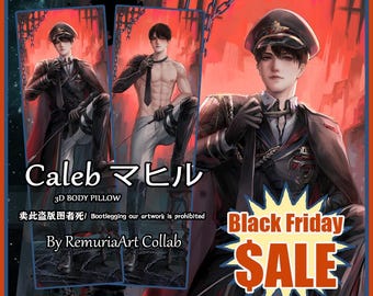 May include: Digital art featuring a male figure in a military-style uniform and a Black Friday Sale banner. The text "Caleb マヒル 3D BODY PILLOW" is displayed. The artwork is by RemuriaArt Collab.