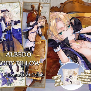 May include: Albedo body pillow featuring a character illustration. The design includes the text "ALBEDO BODY PILLOW" and "By RemuriaArt Collab". A smaller pillow with a matching design is also shown. The image also includes the text "LIMITED FREE OFFER!!" and "FREE Albedo butler scented charm with every Albedo pillow purchase!"