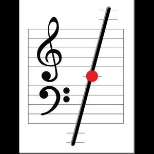 May include: A black treble clef and a black bass clef on a white sheet of music with five lines. A black line with a red circle on it is drawn diagonally across the sheet music.