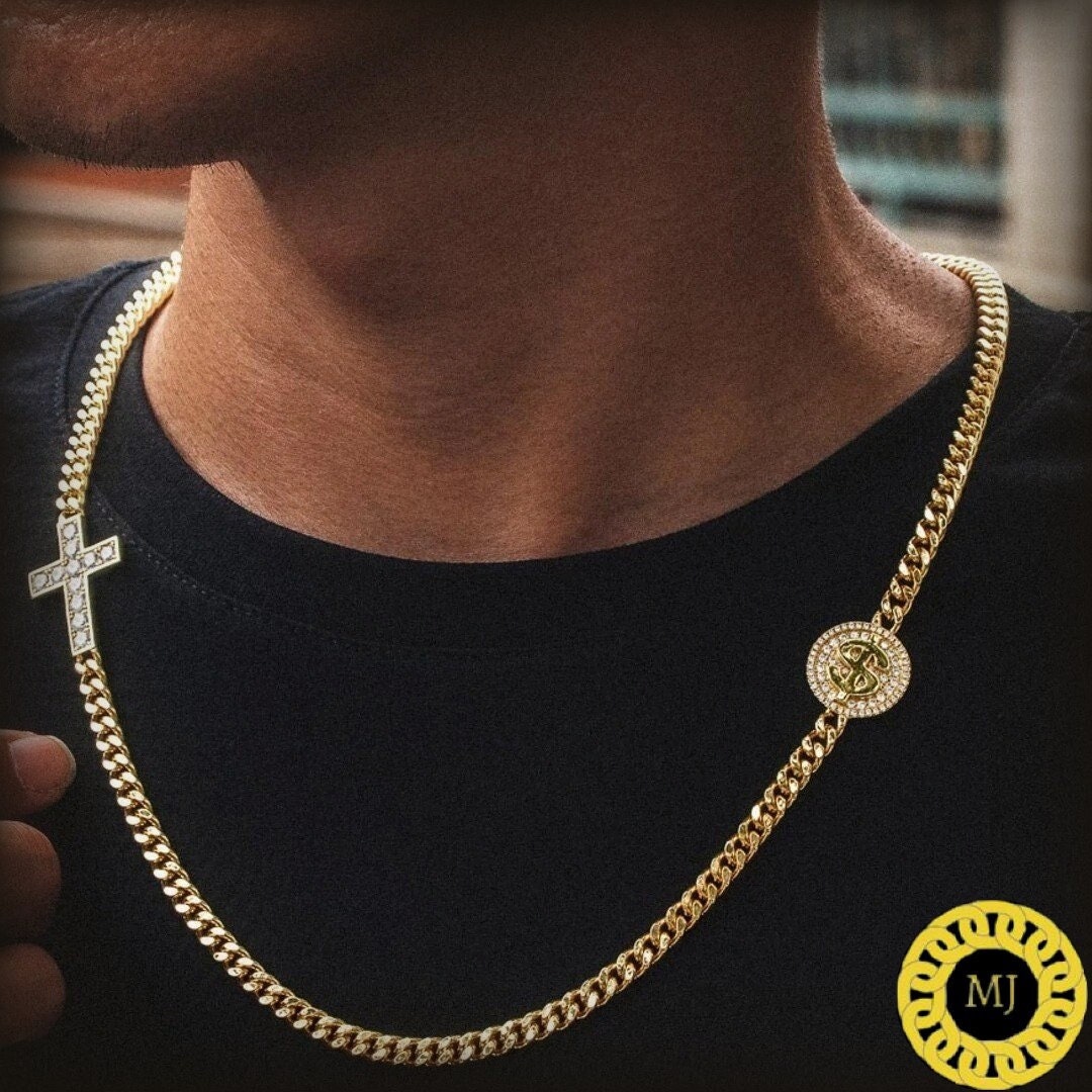 Neck Ice Rapper Chain 6MM Cuban Chain With Cross and Dollar Coin , Ice Rapper Necklace ...