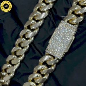 10 mm Miami Cuban Link Chain Heavy Solid 925 Sterling Silver 14K Gold Plated Curb Chain For Men And Women Hip Hop Chain, Icedout clasp lock
