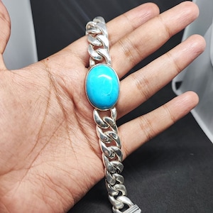 turquoise Cuban Chain Bracelet, 925 Sterling Silver Cabochon Men&#39;s Jewelry December Birthstone,heavy Cuban silver Bracelet,Gifts for him