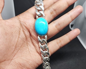 turquoise Cuban Chain Bracelet, 925 Sterling Silver Cabochon Men&#39;s Jewelry December Birthstone,heavy Cuban silver Bracelet,Gifts for him